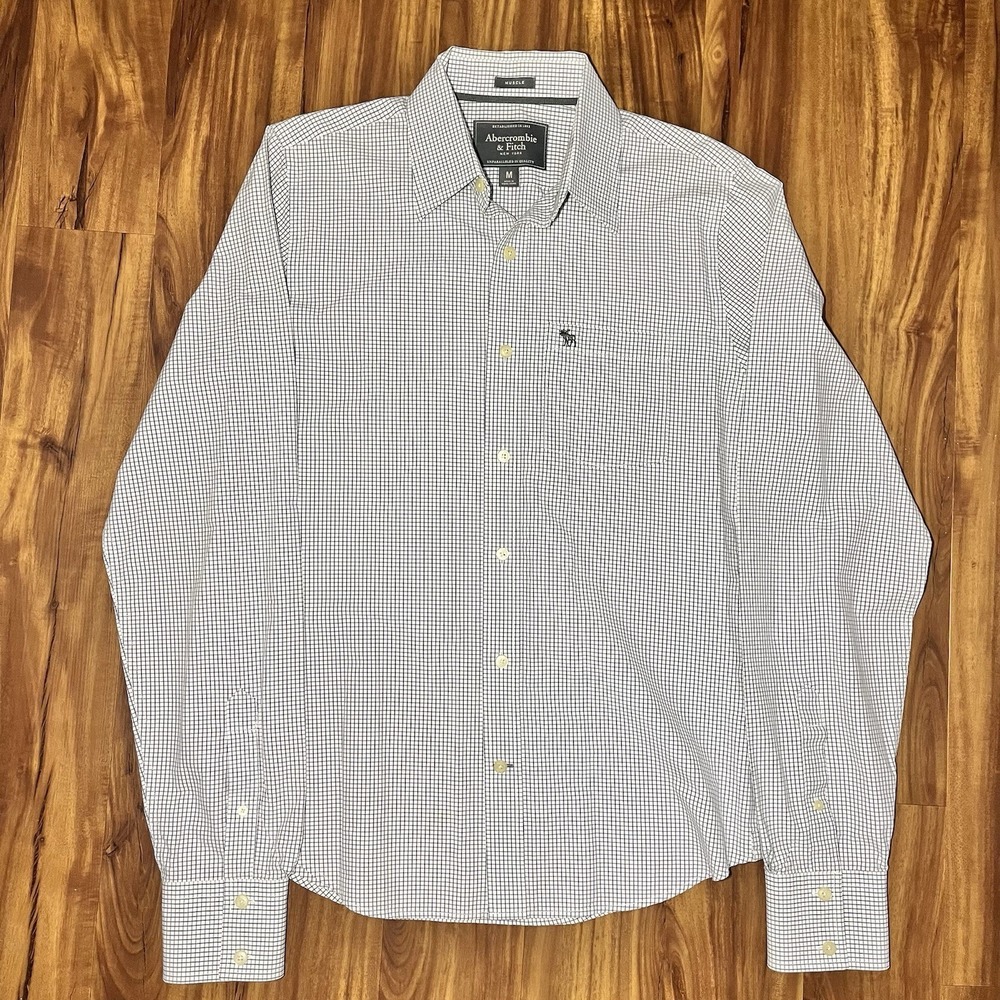 Abercrombie & Fitch Mens M Muscle Fit Button Down Shirt Navy Grid Check Cotton